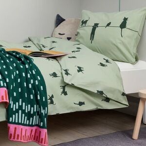 Green Cat Print Bedding Set - Duvet Cover & Pillowcase